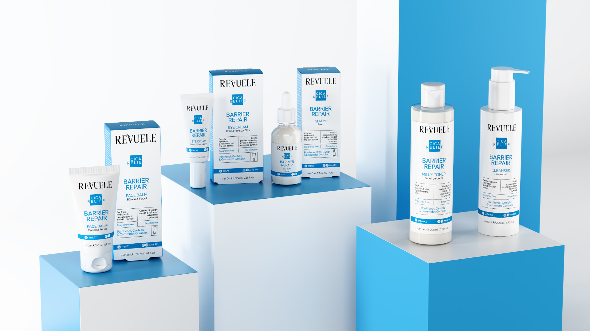 REVUELE CICA RELIEF Barrier Repair range — cleanser, milky toner, serum, eye cream and face balm